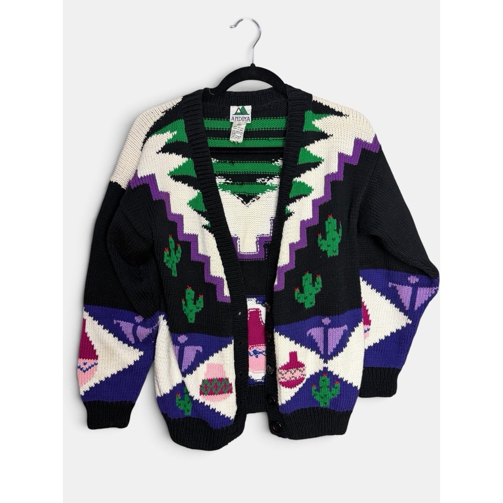 Vintage Andina Peru Cardigan Sweater M Cactus Southwestern 100% Cotton